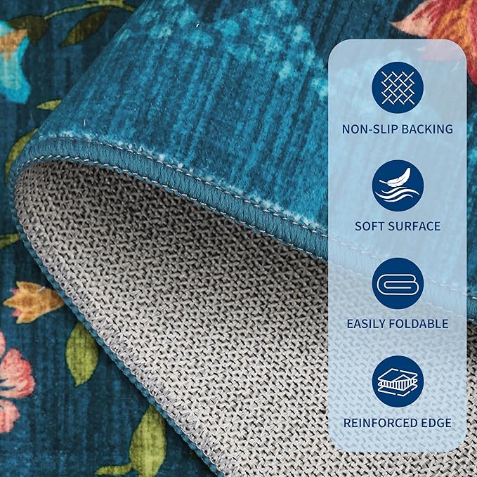 GarveeHome Washable Rug 4x6 Area Rugs for Living Room, Floral Rug for Bedroom, Soft Boho Non Slip Throw Rugs with Rubber Back, Low Pile Stain Resistant Vintage Floral Carpet for Dining Room, Blue