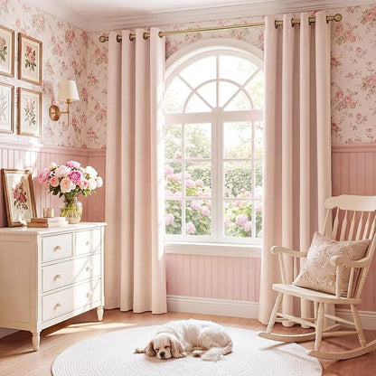NICETOWN 100% Absolutely Blackout Linen Curtains for Bedroom Living Room, Blush Pink, 52" Wide, 2 Pieces, Privacy Vertical Thermal Insulated Window Drapes 84 inch Long for Infants and Young Children