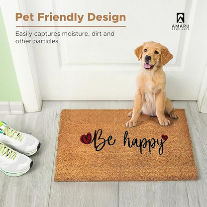 Be Happy - 17"x29" - Coir Door Mat with Heavy Duty Backing - Welcome Mats for Entryway, Porch - Anti-Slip PVC & Coconut Fiber Surface - Natural Home Accessories, Minimalist Original Design