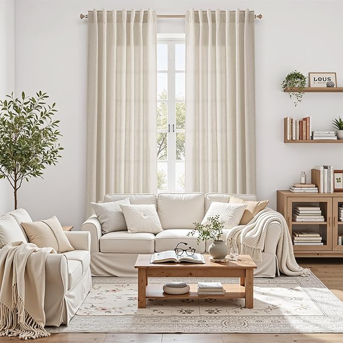 Nanspring Boho Curtains 90 Inches Long for Living Room Linen Light Filtering Semi Sheer Curtain Back Tab and Rod Pocket Eclectic Home Decor Elegant Modern Drapes for Bedroom Office 52x90, 2 Panels