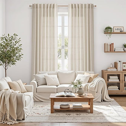Nanspring Boho Curtains 90 Inches Long for Living Room Linen Light Filtering Semi Sheer Curtain Back Tab and Rod Pocket Eclectic Home Decor Elegant Modern Drapes for Bedroom Office 52x90, 2 Panels