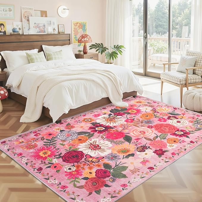 Pink Floral Girls Room Rug 5x7, Non-Slip Washable Rugs for Bedroom Living Room Nursery Kitchen Dining Room Indoor, Ultra-Thin Soft Stain Resistant Girls Room Decor(5 x 7, Pink Garden)