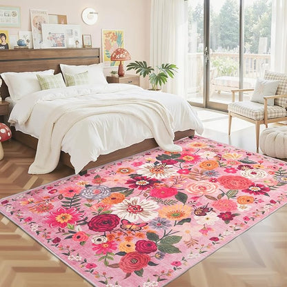 Washable Area Rug 8x10 Pink, Large Soft Rugs for Living Room Floral Carpet 8x10 Area Rugs for Girls Bedroom Nursery Room Non-Slip Stain Resistant Under Table Rug (8 x 10, Pink Garden)