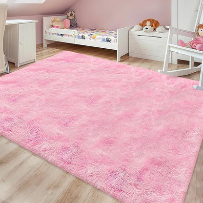 Tie-Dye Pink Soft Shaggy Fluffy Rug for Living Room 6x9ft Anti-Skid Durable Area Rug Mat Bedside Throw Rug for Bedroom Kids Room Boys Teens Nursery Dorm Office Home Decor Aesthetic Carpets