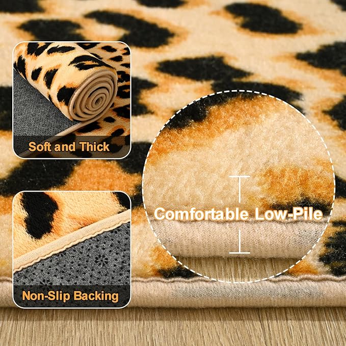 Amearea Soft Leopard Runner Rugs for Hallway, 2x6 Feet Cheetah Print Bedroom Bedside Rugs, Washable Fluffy Indoor Animal Runner Rug Carpet for Entrance Kitchen Kids Teen Room Living Room Decor, Khaki
