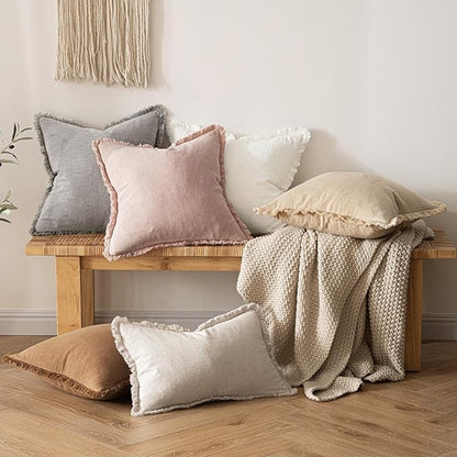 MIULEE Valentines Decorative Throw Pillow Covers Neutral Linen Fringe Throw Pillows Set of 2 Light Pink Boho Farmhouse Cushion Covers for Couch Sofa Bed Living Room Spring Home Decor 18x18 Inch