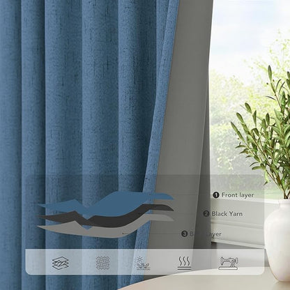 Denim Blue Blackout Drapes 96 Inches Long 2 Panel Burg Cute Linen Textured Modern Farmhouse Living Room Darkening Curtain for Bedroom Viral Sound Deadening Insulated Thermal Back Tab Pleated 96 Length