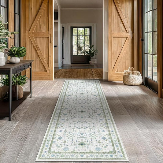 Hazo Haus Oushak 3x10 Wide Hallway Runner Rug - Vintage Turkish Floral, Washable Low Pile Non Slip 10ft Long Runners for Kitchen, Hall Way - Light Blue and Green