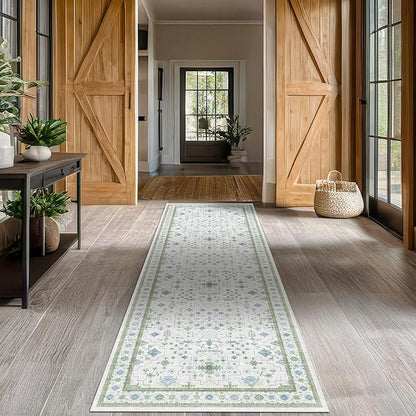Hazo Haus Oushak 3x20 Wide Hallway Runner Rug - Vintage Turkish Floral, Washable Low Pile Non Slip 20ft Extra Long Runners for Large Kitchen, Hall Way - Blue and Green Décor