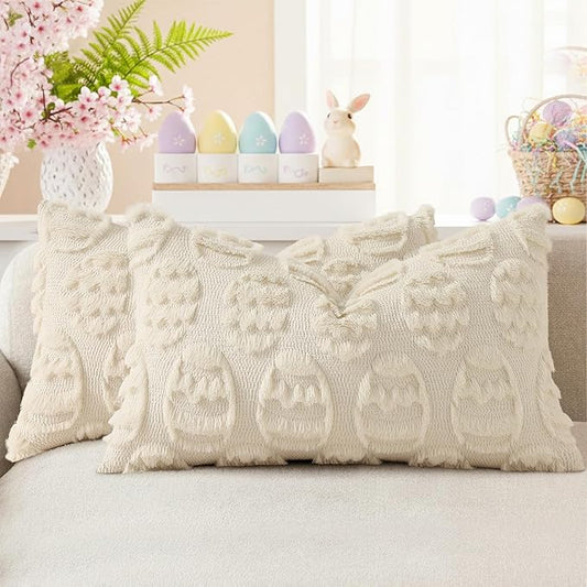 decorUhome Easter Beige Egg Pillow Covers 12x20 Inch Set of 2, Soft Plush Faux Wool Jacquard Cushion Covers, Farmhouse Neutral Fuzzy Spring Easter Holiday Decor for Couch Sofa Bed