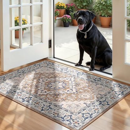 Lofus 2x3 Washable Rug for Entryway Bathroom, Non Slip Kitchen Mats for Floor, Vintage Soft Door Mat Indoor Entrance, Small Area Rugs, Farmhouse Carpet for Entry Living Room Bedroom, Floral Brown