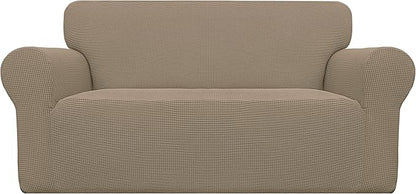 Easy-Going Stretch Loveseat Slipcover 1-Piece Sofa Cover Furniture Protector Couch Soft with Elastic Bottom for Kids Polyester Spandex Jacquard Fabric Small Checks (Loveseat, Natural)