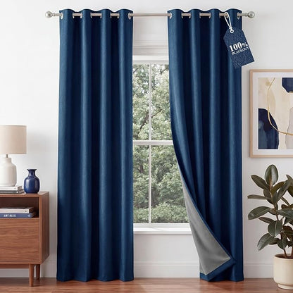 NICETOWN 100% Absolutely Blackout Linen Curtains for Bedroom Living Room, Navy Blue, 52" Wide, 2 Pieces, Privacy Vertical Thermal Insulated Window Drapes 84 inch Long for Shift Workers