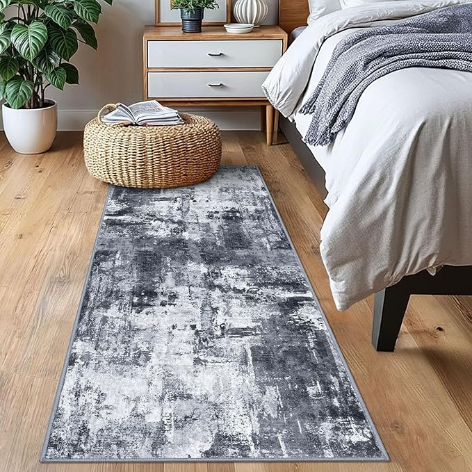 KOZYFLY Modern Abstract Runner Rug 2x6 Washable Grey/Black/Black Runners for Hallways Kitchen Runner Rug Non Slip Carpet Rug Runner Laundry Mat with Soft Low Pile for Entryway Bathroom Bedroom Kitchen