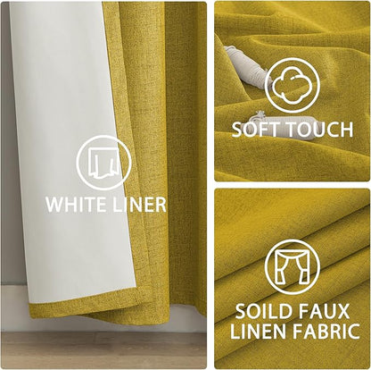 Yakamok Mustard Yellow Linen Curtains 100% Blackout 84 Inches Long,Room Darkening Textured Curtains for Living Room Thermal Grommet Bedroom Curtain 2 Panels with White Liner