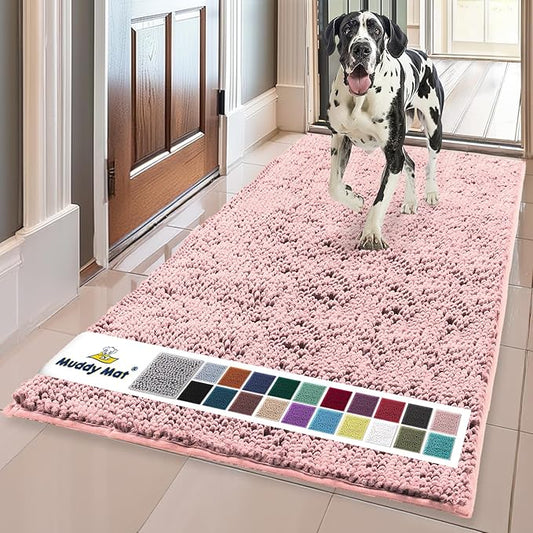 Muddy Mat® | Super Absorbent Door Mat Indoor, Microfiber Quick Dry Chenille Entryway Rug, Non-Slip Front Door Mat, Indoor Mats for Entryway, Machine Washable Pet Rug, Light Pink 24" x 72"