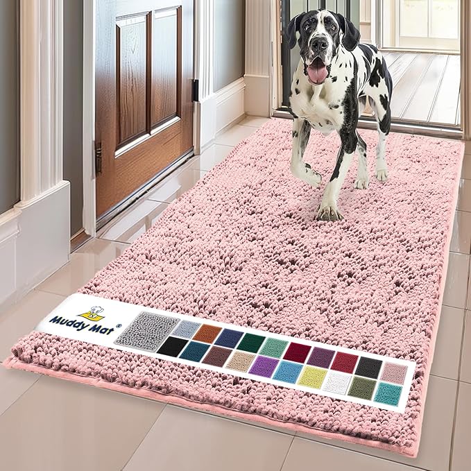 Muddy Mat® | Super Absorbent Door Mat Indoor, Microfiber Quick Dry Chenille Entryway Rug, Non-Slip Front Door Mat, Indoor Mats for Entryway, Machine Washable Pet Rug, Light Pink 36" x 120"