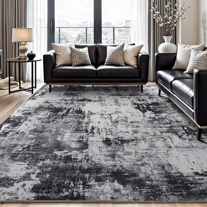 Rugflix 8x10 Area Rugs for Living Room, Black Grey Large Rug Stain-Resistant Low Pile, Big Washable Dark Carpet Non-Slip for Bedroom Dining Room Home Office Nursery Room