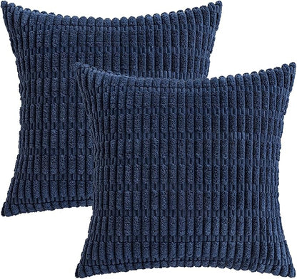 MIULEE Pack of 2 Corduroy Decorative Euro Sham Throw Pillow Covers 24x24 Inch Soft Boho Striped Pillow Covers Modern Farmhouse Home Decor for Summer Coastal Sofa Living Room Couch Bed Dark Blue