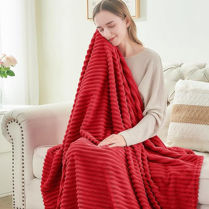 BEDELITE Fleece Blanket Queen Size – 3D Ribbed Jacquard Soft and Warm Decorative Fuzzy Blankets – Cozy, Fluffy, Plush Lightweight Throw Blankets for Couch, Bed, Sofa(Red, 90x90 inches)