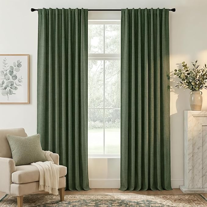 RYB HOME Olive Green 100% Blackout Linen Curtains 84 inches Long, Luxury Thermal Insulated Room Darkening Drapes for Living Room/Bedroom/Sliding Doors, Back Tab&Rod Pocket, W52xL84, 2 Panels