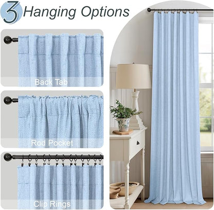 Total Blackout Baby Blue Linen Curtains 108 Inches Long 2 Panel Set Light Blue Pale Sky Colored Floor to Ceiling Thermal Spring Summer Curtain for Living Room Bedroom Patio Sliding Door Drape Back Tab