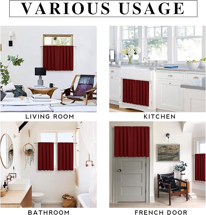 RYB HOME Blackout French Door Window Curtain Covering, Rod Pocket Thermal Insulated Privacy Non See Through Drapes for Bathroom Window, Width 29 by Length 45, Burgundy Red, 2 Panels