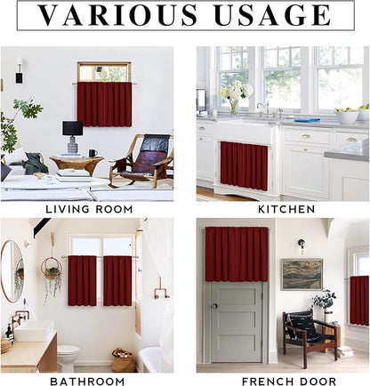 RYB HOME Blackout French Door Window Curtain Covering, Rod Pocket Thermal Insulated Privacy Non See Through Drapes for Bathroom Window, Width 29 by Length 45, Burgundy Red, 2 Panels