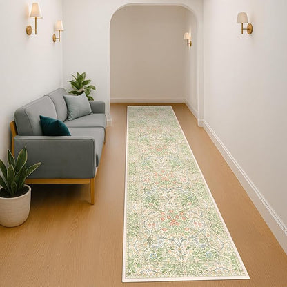 Washable Beige Green 2x10 Runner Rug for Hallway Kitchen Entryway Laundry Room, Non-Slip Stain Resistant Long Floor Mat, Vintage Floral Aethestic Design (Beige Green 2x10)