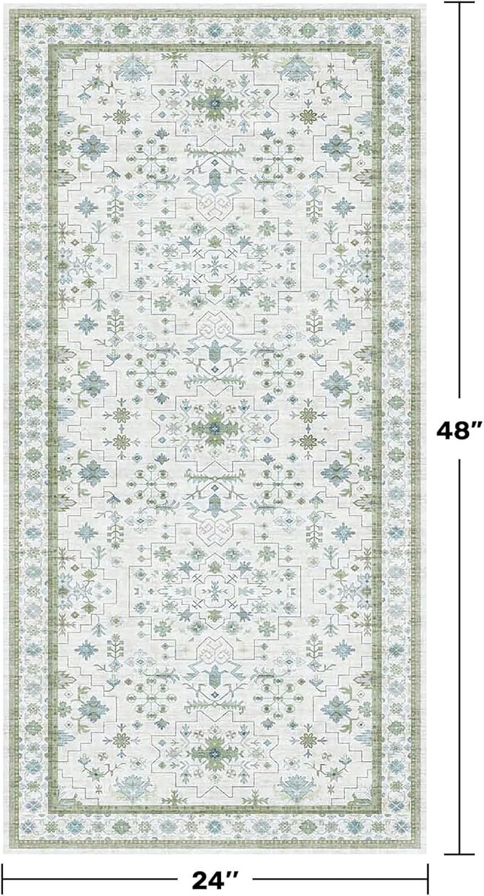 Cream Green and Blue 2x4 Boho Bathroom Rug - Oushak Floral Pastel, Washable Low Pile Non Slip with Rubber Backing Stain Resistant Entryway Rugs Indoor, Small Carpet for Kitchen, Bedroom, Laundry Room