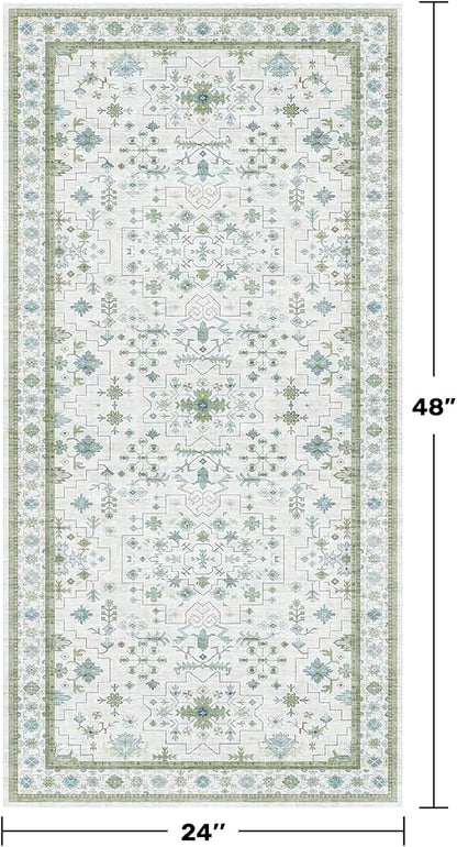 Cream Green and Blue 2x4 Boho Bathroom Rug - Oushak Floral Pastel, Washable Low Pile Non Slip with Rubber Backing Stain Resistant Entryway Rugs Indoor, Small Carpet for Kitchen, Bedroom, Laundry Room