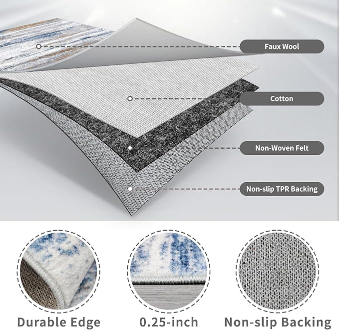 4x10 Wide Washable Runner Rug: Easy-to-Clean Runners for Hallway Entryway Kitchen Bedroom Living Room - Stain and Water Resistant Rugs with Non-Slip Backing - Soft Low-Pile Carpet Navy Grey