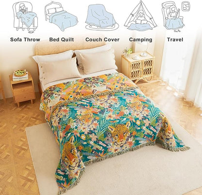 MSGKV Throw Blanket for Couch Cotton Leopard Animals Blanket 50"x60" Sofa Chair Blankets Muslin Spring Breathable All Seasons Lightweight Farmhouse Blankets Home Decor