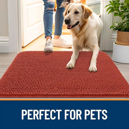 OLANLY Dog Door Mat for Muddy Paws 34x21, Absorbs Moisture and Dirt, Absorbent Non-Slip Washable Doormat, Quick Dry Chenille Mud Mat for Dogs, Entry Indoor Entryway Carpet for Inside Floor, Maple Red