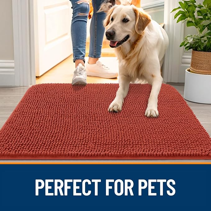 OLANLY Dog Door Mat for Muddy Paws 30x17, Absorbs Moisture and Dirt, Absorbent Non-Slip Washable Doormat, Quick Dry Chenille Mud Mat for Dogs, Entry Indoor Entryway Carpet for Inside Floor, Maple Red
