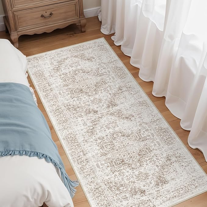 Hallway 2x5 Runner Rug - Vintage Non-Slip Long Rug for Entryway Low-Pile Washable Medallion Rugs for Hallway Waterproof Traditional Indoor Thin Rugs for Kitchen (Ivory/Beige)