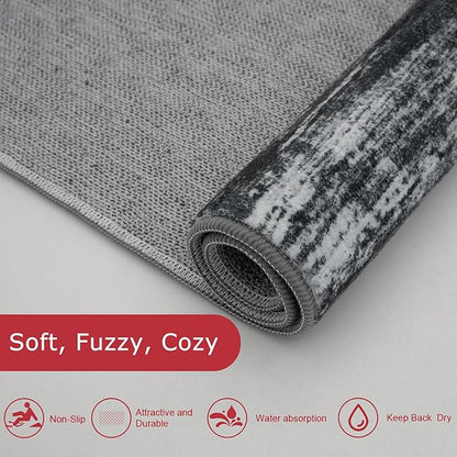 KOZYFLY Modern Abstract Washable Rug Runner 2.6x12 Hallway Rug Runner Non-Slip Soft Kitchen Runner Rugs, Black Navy Blue Grey Striped Carpet for Entryway Bathroom Laundry Room Foyer