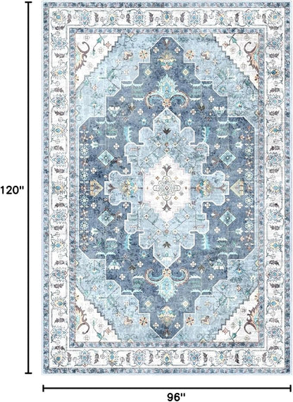 SERISSA Boho 8x10 Area Rugs Blue, Washable Vintage Large Living Room Rug Non-Slip, Ultra Soft Oriental Print Distressed Traditional Farmhouse Carpet for Dining Room Bedroom Dorm Office Home Decor