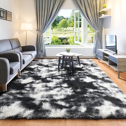 ONASAR Black and White Area Rugs for Living Room, 5x8 Fluffy Bedroom Rug, Soft Plush Shag Floor Carpet for Nursery Kids Girls Boys Teen Baby Dorm Bedside Playroom Indoor Home Decor Aesthetic