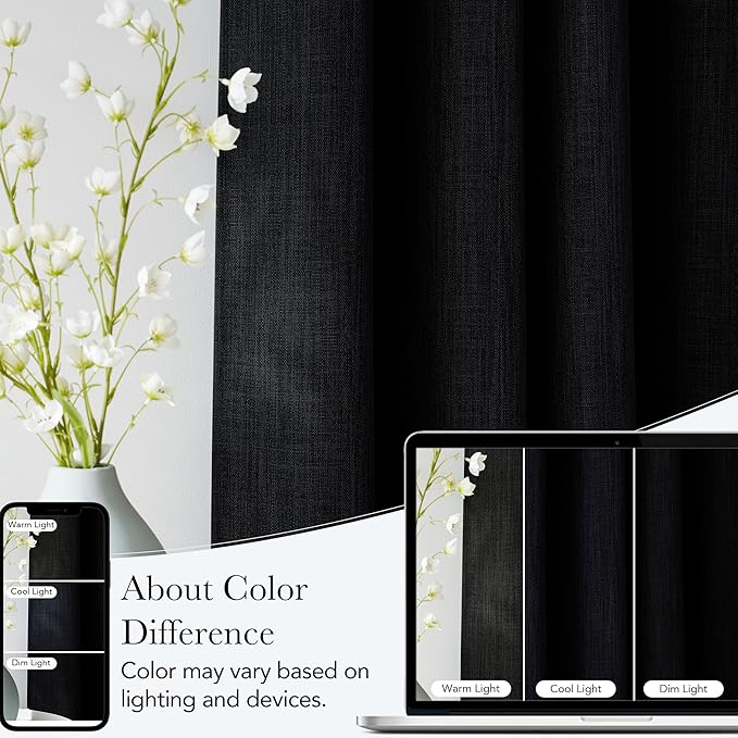 NICETOWN Faux Linen Black Blackout Curtains 84 inches Long for Living Room - Privacy Panels for Bedroom, Modern Farmhouse Style Easy Care Grommet Top, 2 Panels, W52 by L84