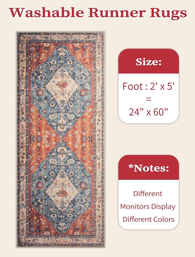 SERISSA Boho Washable Runner Rug, 2x5 Rug Non-Slip Tribal Hallway Kitchen Runner Rug Ultra Soft Print Distressed Vintage Floor Carpet for Bedroom Bathroom Laundry Living Room