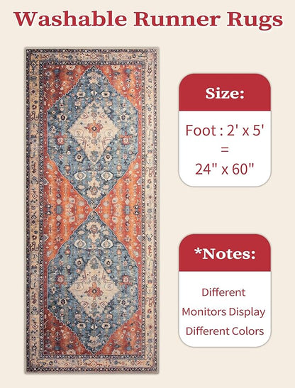 SERISSA Boho Washable Runner Rug, 2x5 Rug Non-Slip Tribal Hallway Kitchen Runner Rug Ultra Soft Print Distressed Vintage Floor Carpet for Bedroom Bathroom Laundry Living Room