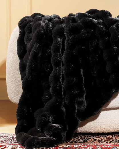 Ultra Soft Cozy Faux Fur Throw Blanket, Fuzzy Plush Thick Bubble Blanket, Luxury Fluffy Blanket for Couch, Sofa, Bedroom, and Living Room, 50x60 Inches, Black