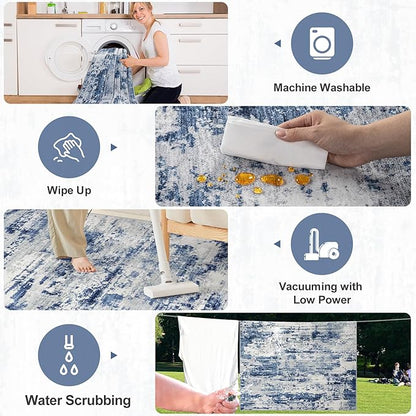 Area Rugs 10x14 Living Room - Washable Rug Modern Abstract Soft Large Neutral Non-Slip Carpet Indoor Floor Thin Carpets for Bedroom Dining Room Farmhouse Nursery Home Office Blue Gray