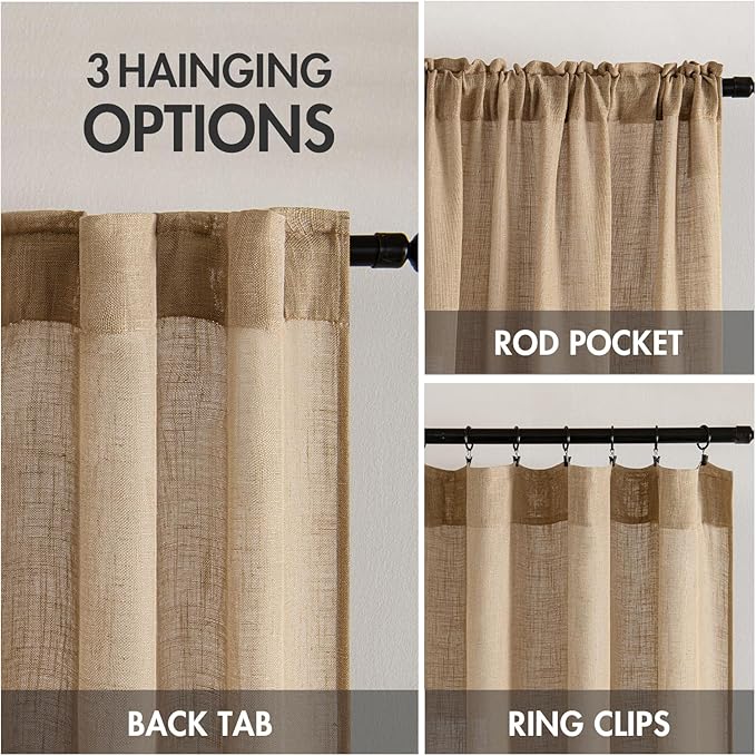 MIULEE Brown Linen Curtains 108 Inches Long for Bedroom Living Room, Soft Thick Linen Textured Window Drapes Semi Sheer Light Filtering Back Tab Rod Pocket Burlap Look Country Decor, 2 Panels