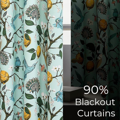 Topfinel 90 Inches Long Curtains Mint Green Whimsical Woodland Leaf Jungle Flower Hummingbird Victorian Grommet Thick Sage Green Curtains for Balcony Sliding Glass Office Bedroom Living Room