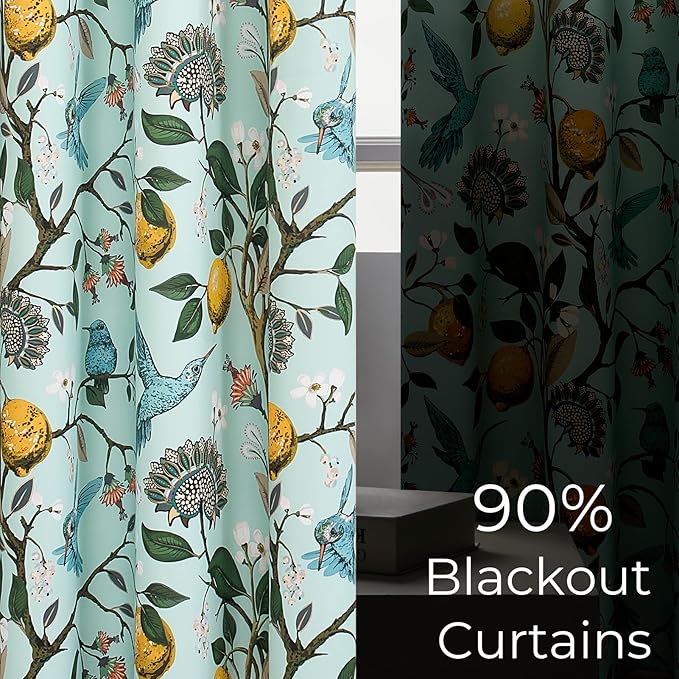 Topfinel 72 Inches Long Floral Curtains for Living Room Vintage French Country Grommet Botanical Hummingbird Woodland Patterned Mint Green Lemon Drapes for Bedroom Dining Living Room