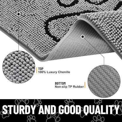 Smiry Dog Door Mat for Muddy Paws, Absorbent Dirt Trapper Non Slip Quick Dry Washable Chenille Mat for Mud Dogs, Entry Rug for Indoor and Outdoor (24x16 Inches, Grey and Black)