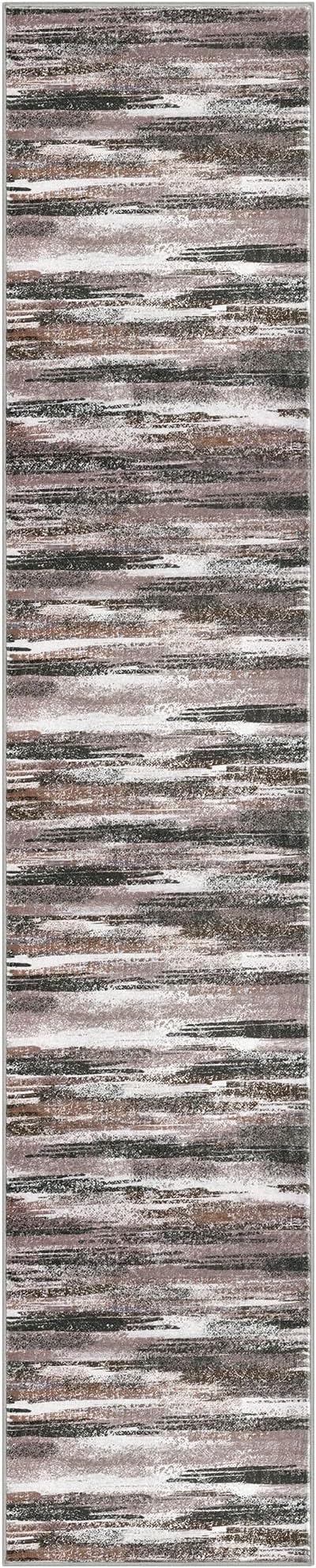 Lansny Modern Abstract Runner Rug 2.6x14, Dark Light Brown White Washable Long Kitchen Runner Non-Slip Soft Hallway Rug Runner Thin Print Faux Wool Carpet for Entryway Bedroom Laundry Room Indoor