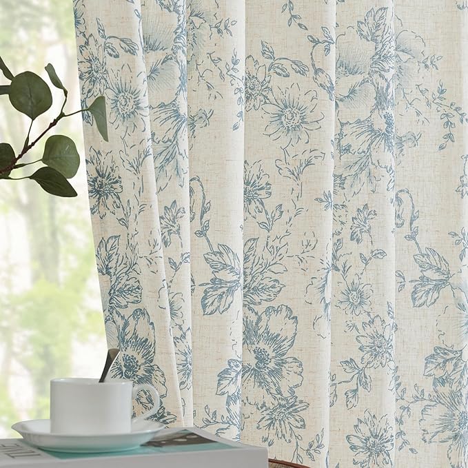 jinchan Linen Floral Curtains 96 Inch Length for Living Room Bedroom Light Filtering Farmhouse Peony Flower Drapes Rustic Window Curtain Set Rod Pocket Back Tab 2 Panels Blue